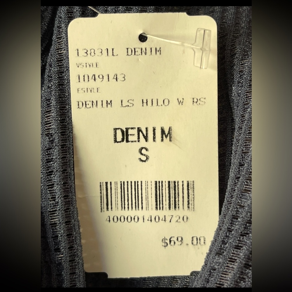 VOCAL Semi-Sheer High/Low Faceted Silvery Adornments on Denim Color Fabric Top S - Picture 6 of 7